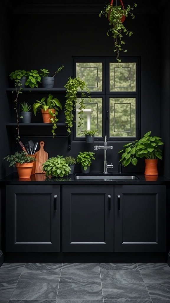A black kitchen with various green plants on shelves and a sink area.