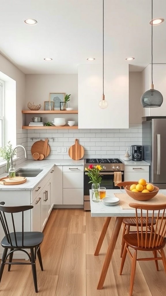 A modern kitchen with a clean design, featuring a dining area, sleek countertops, and wooden accents.