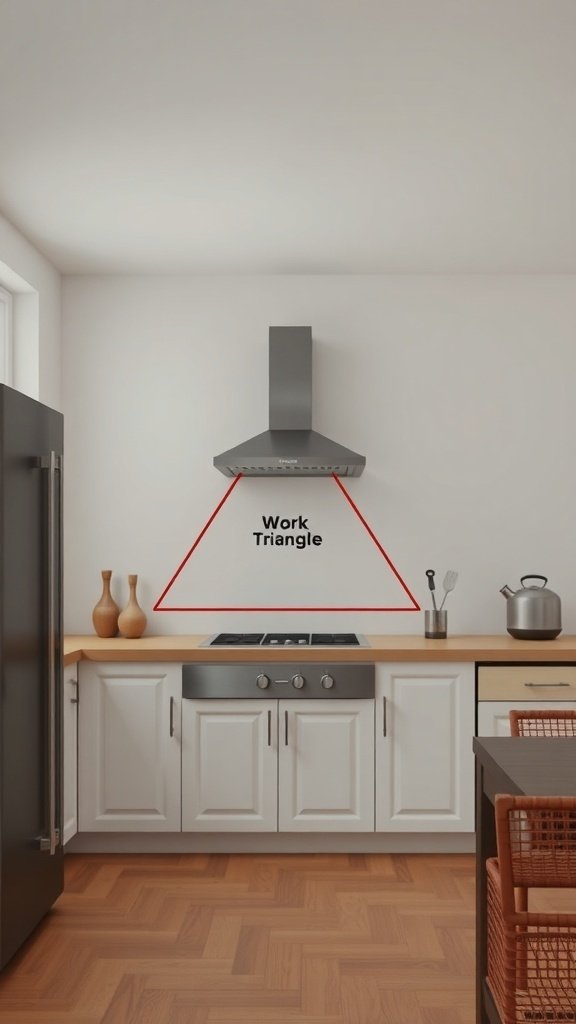 A kitchen layout illustrating the work triangle concept with a stove, refrigerator, and sink.