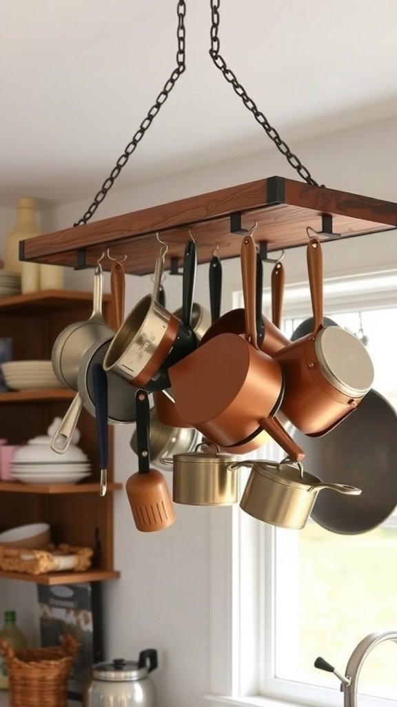 Rustic pot rack with hanging pots and pans in a farmhouse kitchen