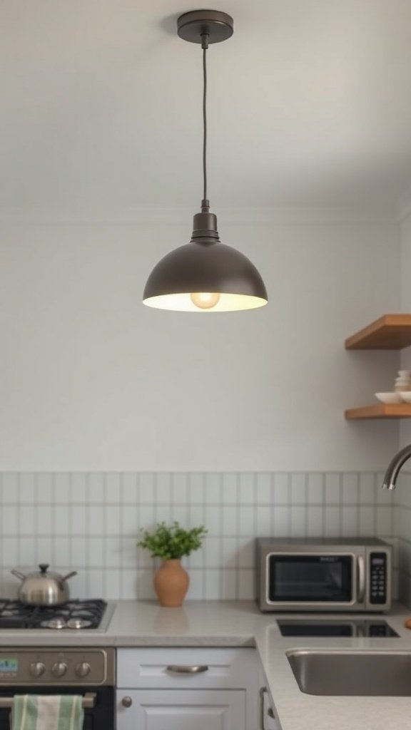 A modern kitchen with a pendant light hanging above the counter.