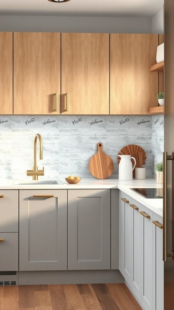 A kitchen with two-tone cabinets featuring light wood upper cabinets and gray lower cabinets, complemented by gold hardware.