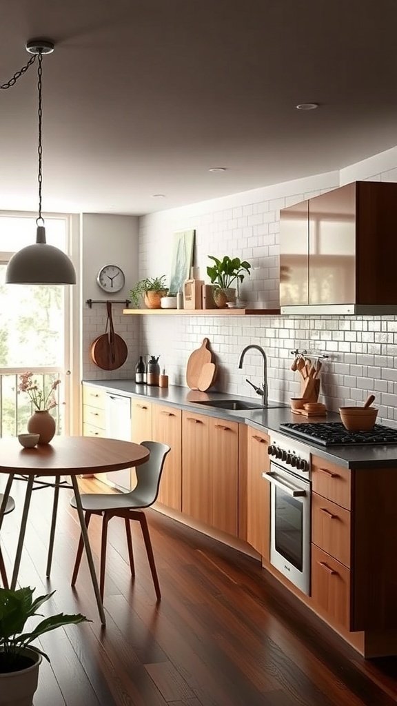 A mid-century modern kitchen featuring warm wood cabinetry, sleek countertops, and a round dining table.
