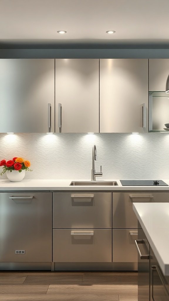 A modern kitchen featuring elegant silver cabinets, a sleek sink, and a colorful flower arrangement.