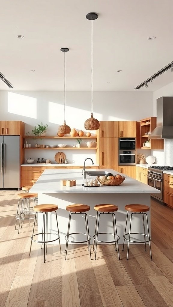 A modern open kitchen featuring a large island with seating, wooden cabinets, and pendant lighting.