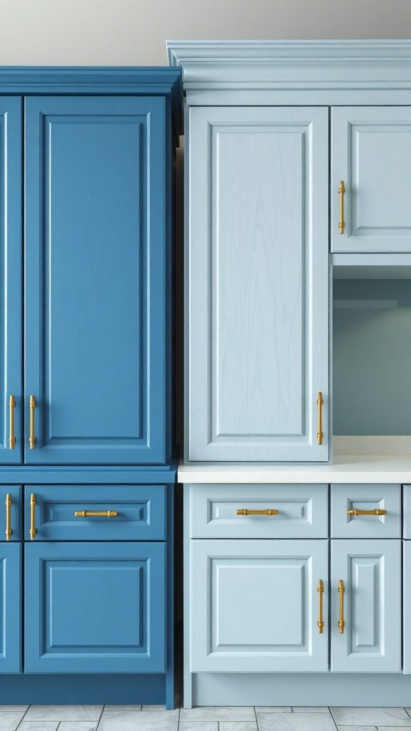 Two blue kitchen cabinets side by side: one glossy dark blue and one matte light blue.