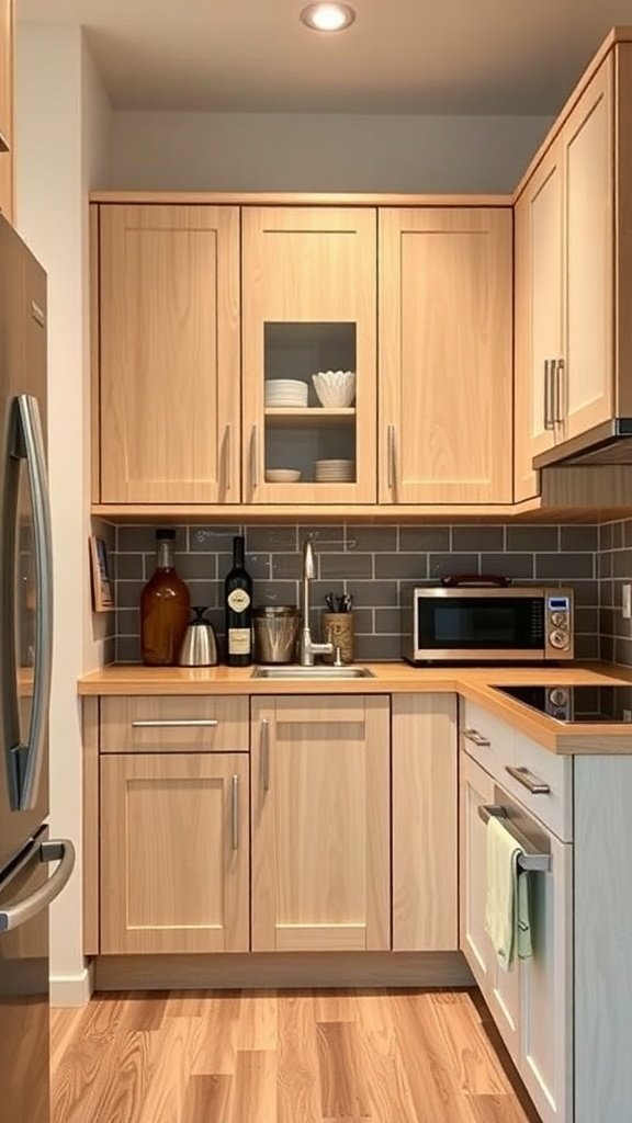 A small kitchen featuring white oak cabinets, modern appliances, and a cozy layout.