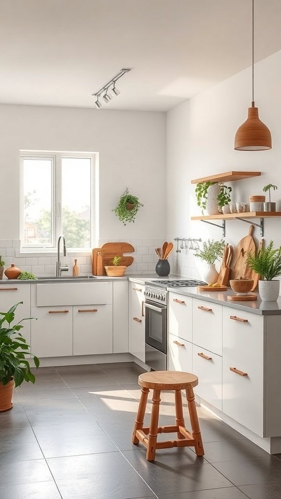 A modern kitchen with white cabinets, wooden accents, and plants.