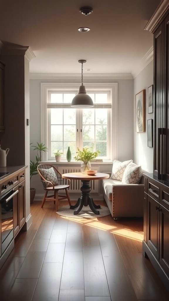 A cozy kitchen nook with a round table, chairs, and a couch, illuminated by natural light from a window.