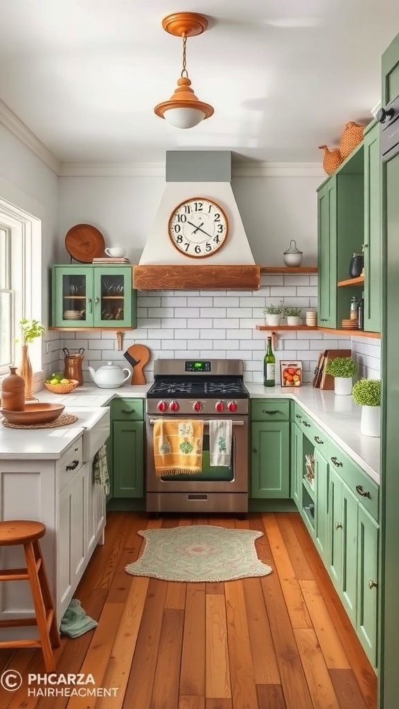 A cozy farmhouse kitchen featuring green cabinets, wooden accents, and a vintage pendant light.