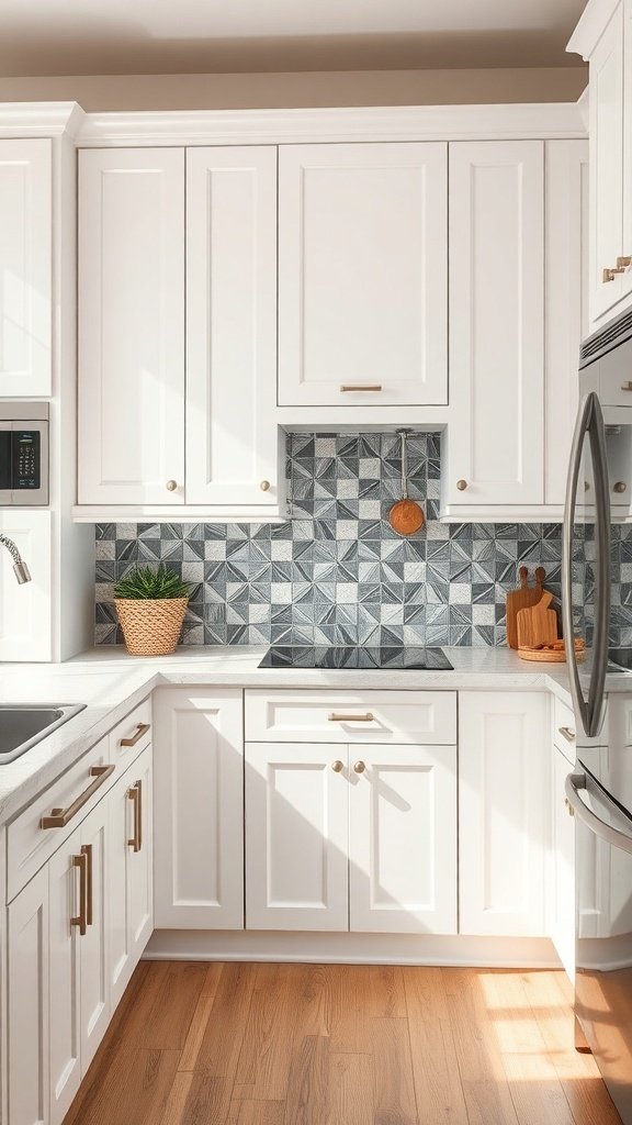 A modern kitchen featuring white cabinets and a geometric gray backsplash.