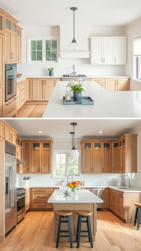 A modern kitchen featuring white oak cabinets, white upper cabinets, and a bright countertop.