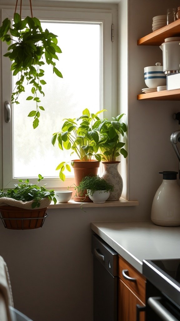 A small kitchen with plants on the windowsill and hanging from the ceiling.