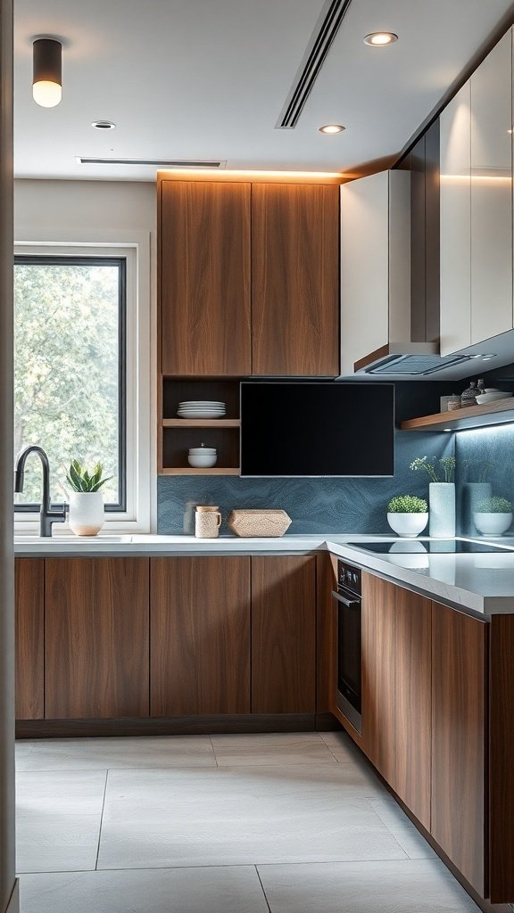 Modern kitchen with sleek wooden cabinets and a contemporary design.