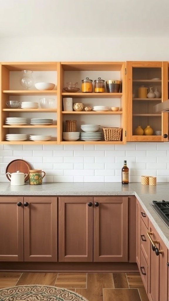A kitchen featuring open shelving with dishes and jars, and closed cabinets below.