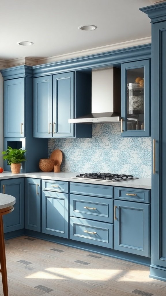A kitchen featuring blue cabinets and a stylish backsplash