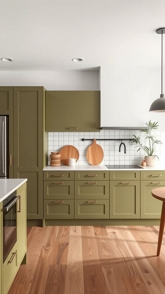 A modern kitchen featuring olive green cabinets, light countertops, and wooden accents.