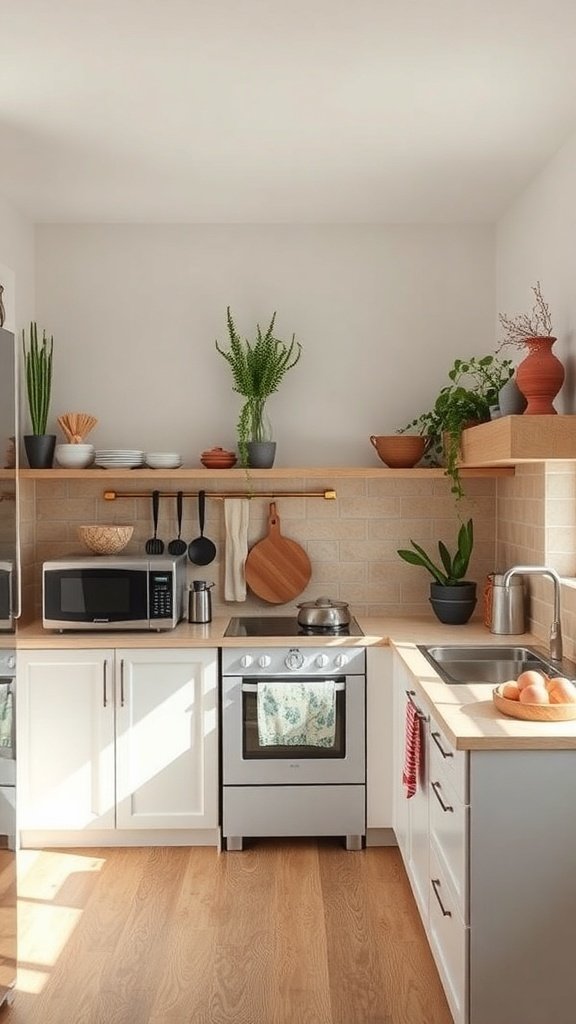 A modern kitchen with open shelving, plants, and a clean layout.