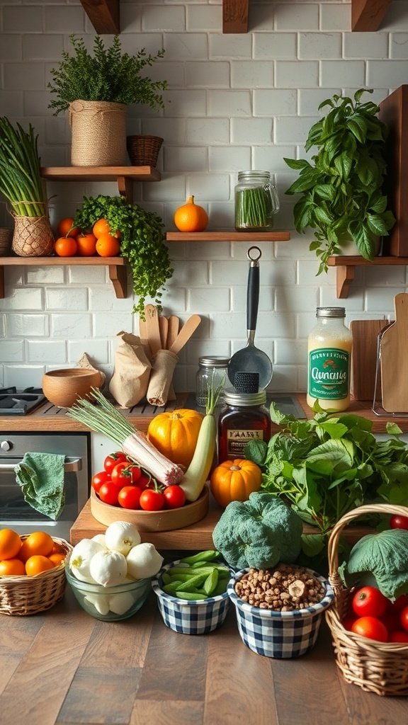 A green kitchen filled with fresh vegetables and herbs, showcasing local sourcing for ingredients.