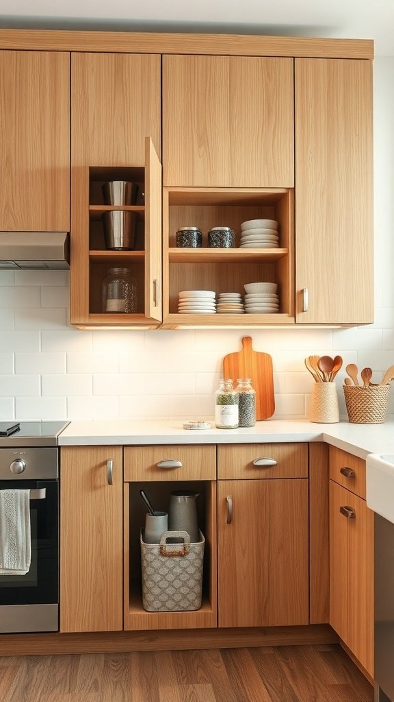 A modern kitchen with white oak cabinets featuring open and closed storage options.