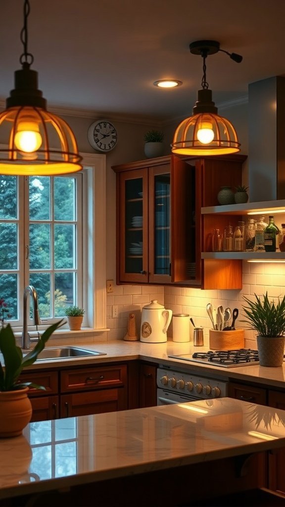 A cozy kitchen with warm pendant lights and natural light from the window.