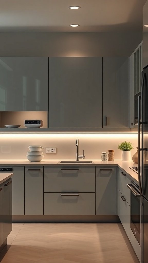 Modern kitchen with sleek cabinets and integrated lighting