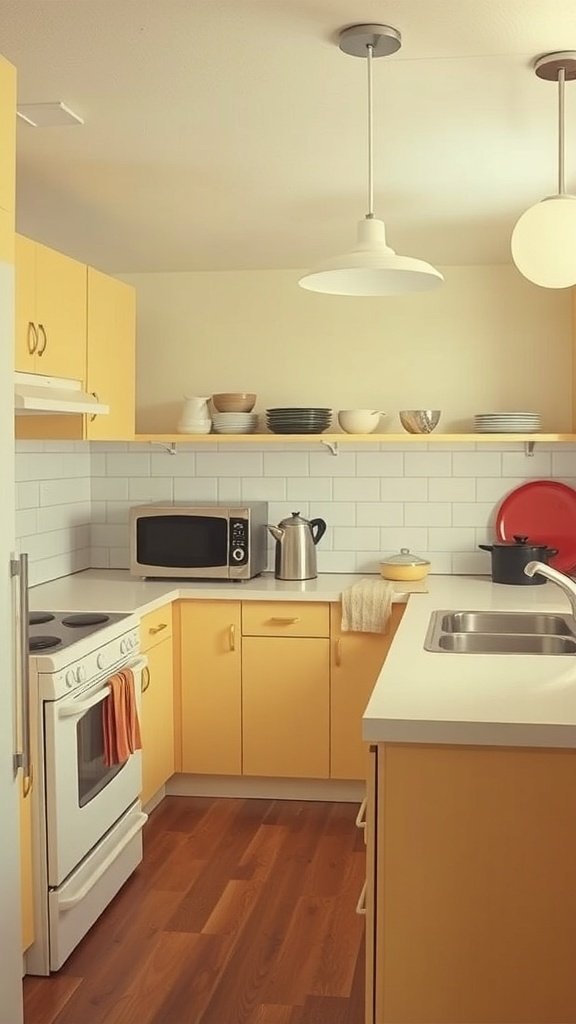 A mid-century modern kitchen featuring yellow cabinets, open shelving, and a clean layout.