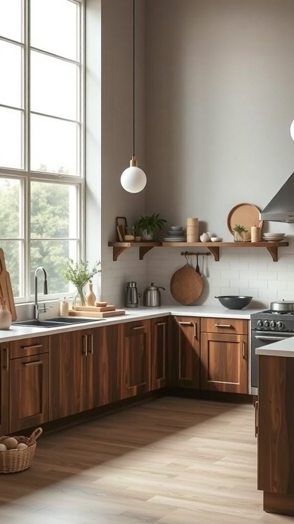 A modern kitchen with wooden cabinets, open shelving, and large windows.