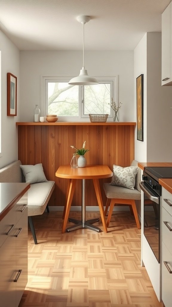 A cozy breakfast nook in a mid-century modern kitchen featuring a round wooden table, comfortable seating, and warm wood accents.