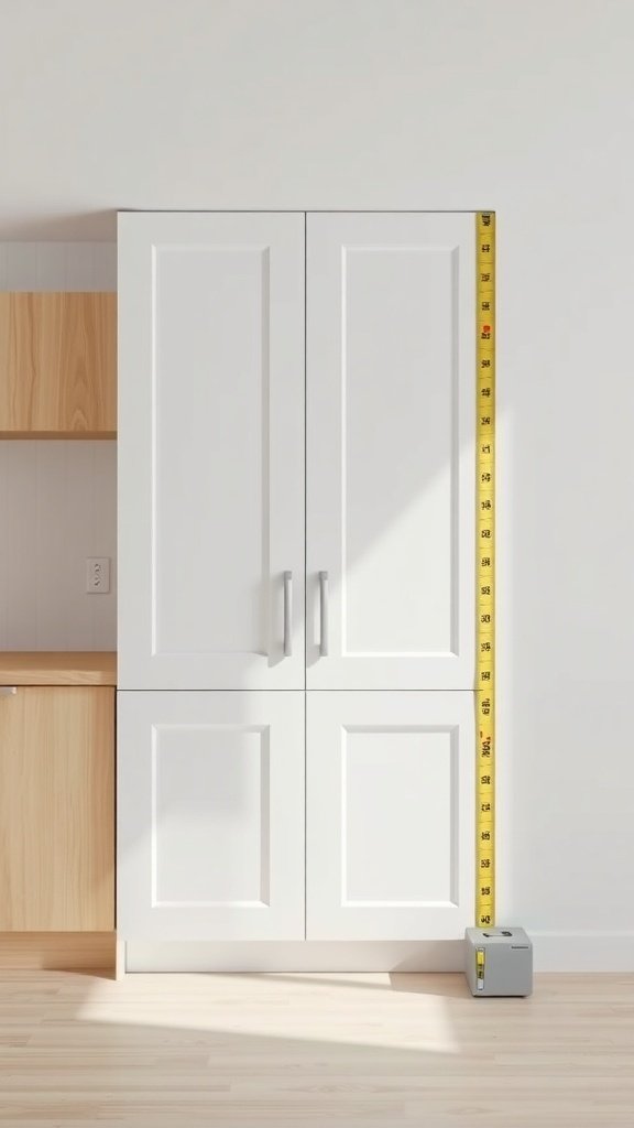 A tall white kitchen cabinet with a measuring tape indicating its height, next to a wooden cabinet.