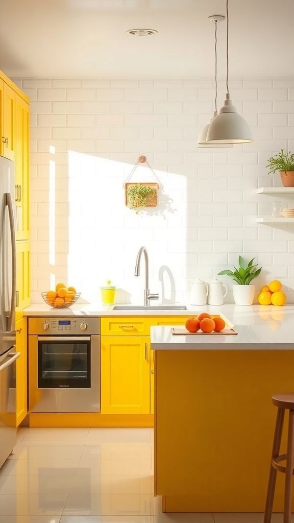 Bright yellow kitchen cabinets with white walls and natural light.