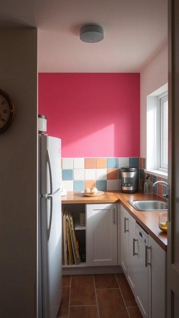 A small kitchen featuring a bright pink accent wall and colorful tiled backsplash.