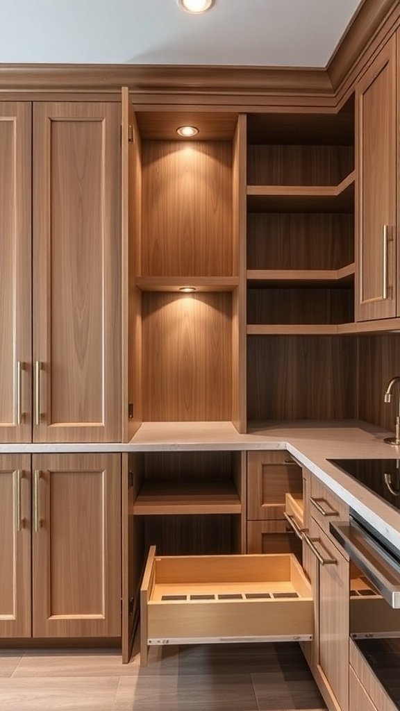 Custom wooden kitchen cabinets with open shelving and a pull-out drawer