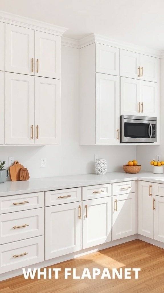 A modern kitchen with white Shaker-style cabinets and gold hardware.