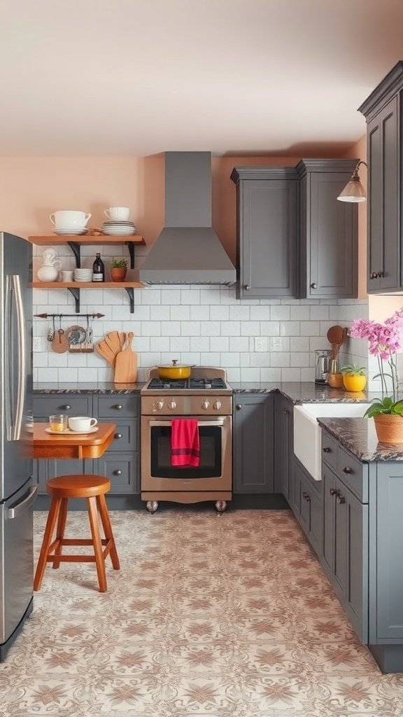 A modern kitchen featuring dark gray cabinets, a stainless steel stove, and an inviting breakfast nook.