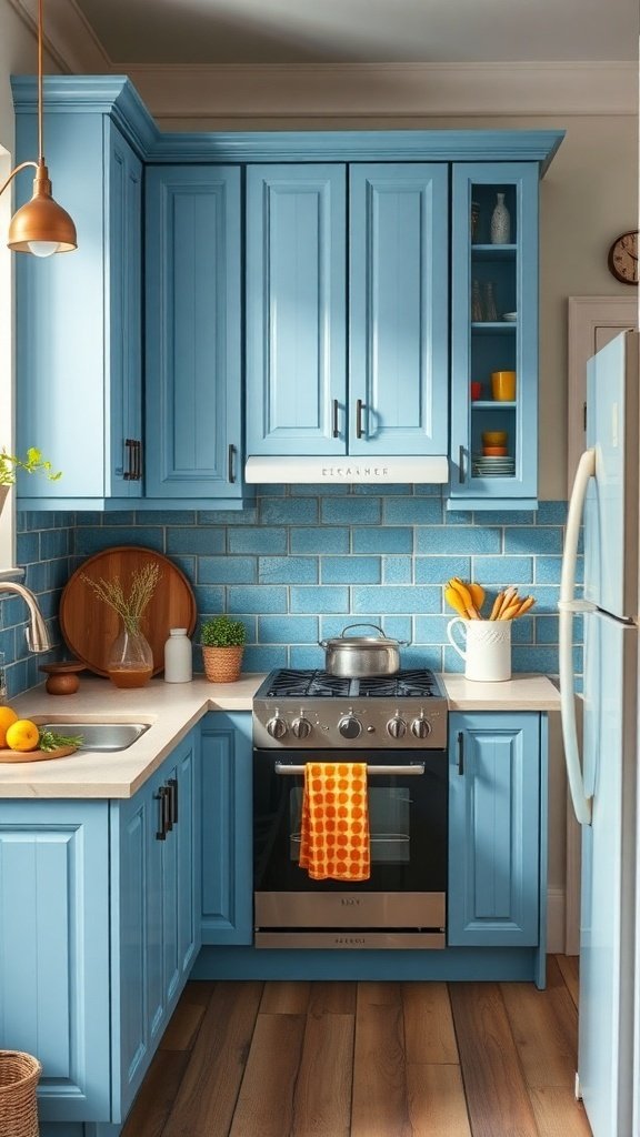 A bright blue kitchen with cabinets, a stove, and colorful accessories.