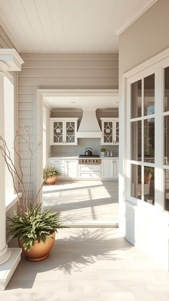 A bright kitchen featuring white cabinets and terracotta pots with plants.