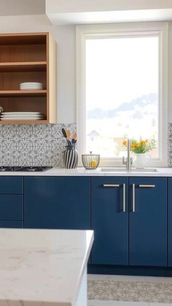 Modern kitchen with bold blue cabinets and open shelving, featuring a bright window and stylish decor.