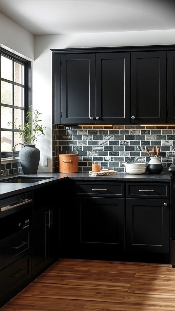 A modern kitchen with black cabinets and a stylish backsplash.
