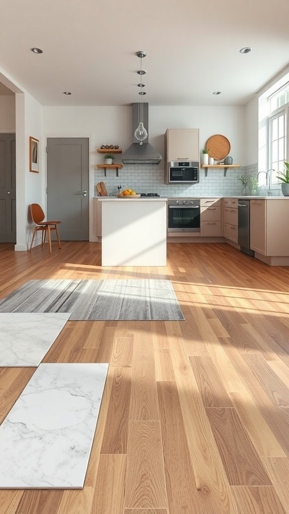 A modern open kitchen with wooden flooring and marble tiles, showcasing a clean and stylish design.