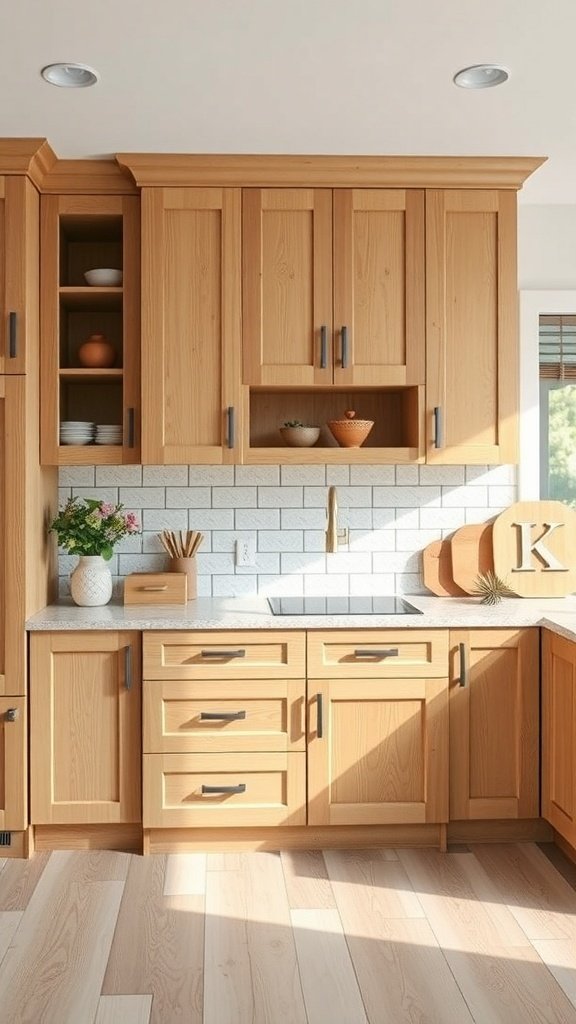 A kitchen featuring white oak cabinets with black handles, a white tiled backsplash, and decorative items on display.