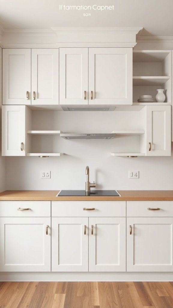 Modern kitchen with white cabinets and wooden countertop
