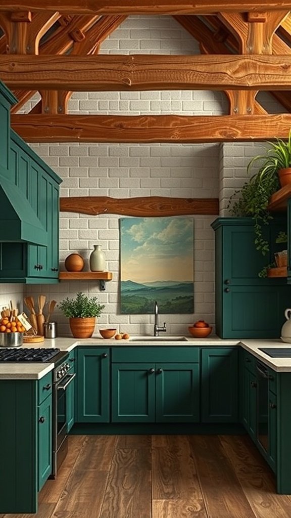 A cozy kitchen featuring rich forest green cabinets, wooden beams, and natural decor.