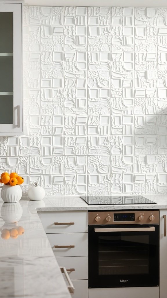 Textured 3D tiles in a white kitchen backsplash
