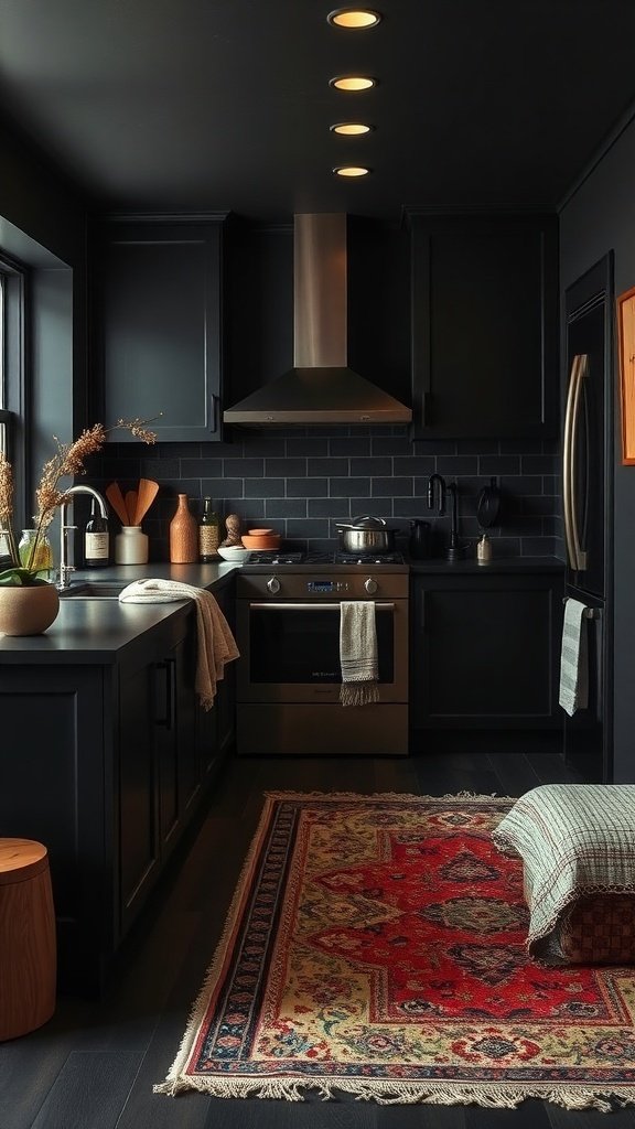 A cozy kitchen featuring black cabinets, a vibrant patterned rug, and soft fabrics.