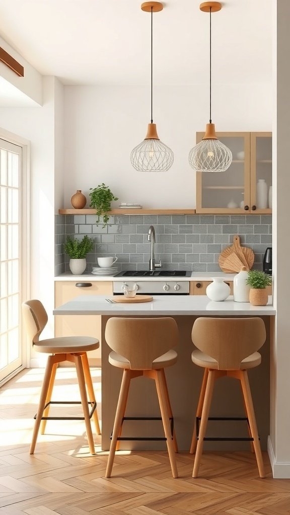 A modern small kitchen featuring a breakfast bar with stools, light wood accents, and natural light.
