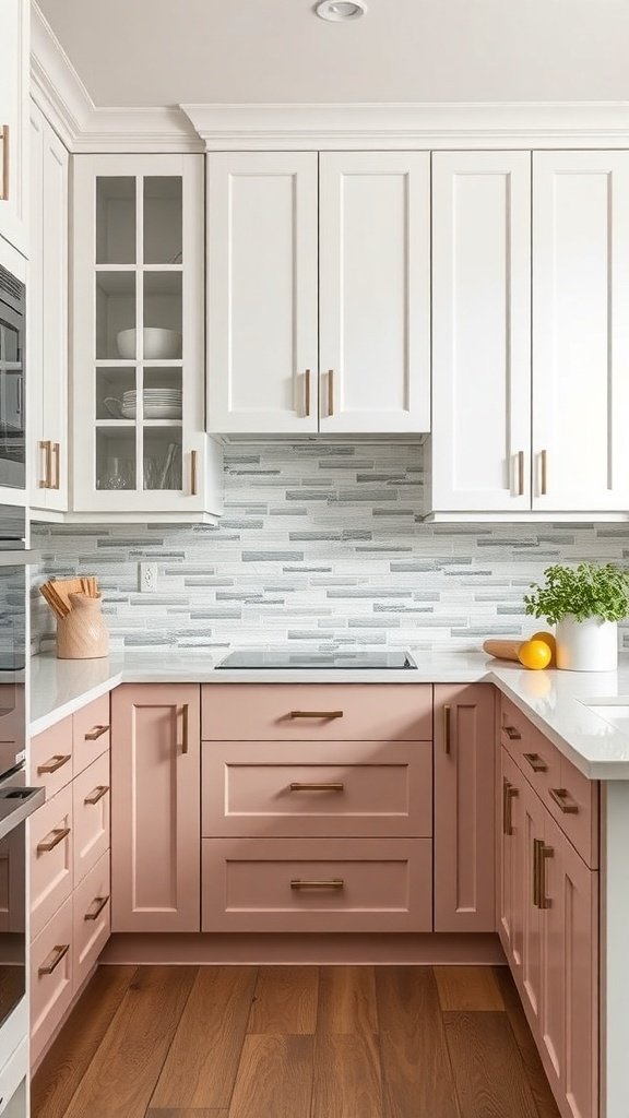 A kitchen featuring two-tone cabinets in white and pink, with a textured gray backsplash and wooden flooring.