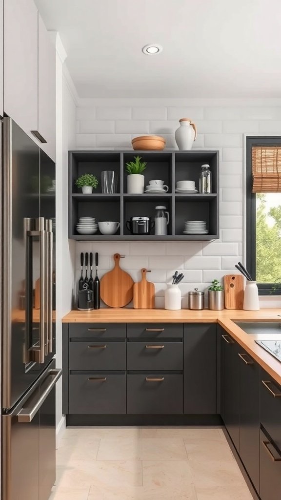 A modern kitchen with dark cabinets, wooden countertop, and open shelving displaying dishes and plants.