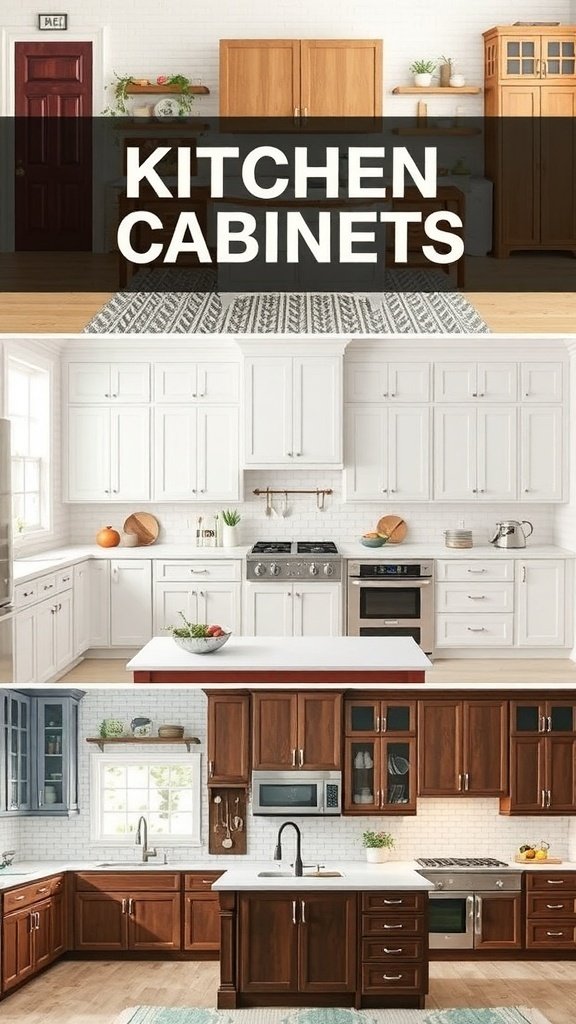 Three styles of kitchen cabinets: warm wood, sleek white, and rich dark wood.