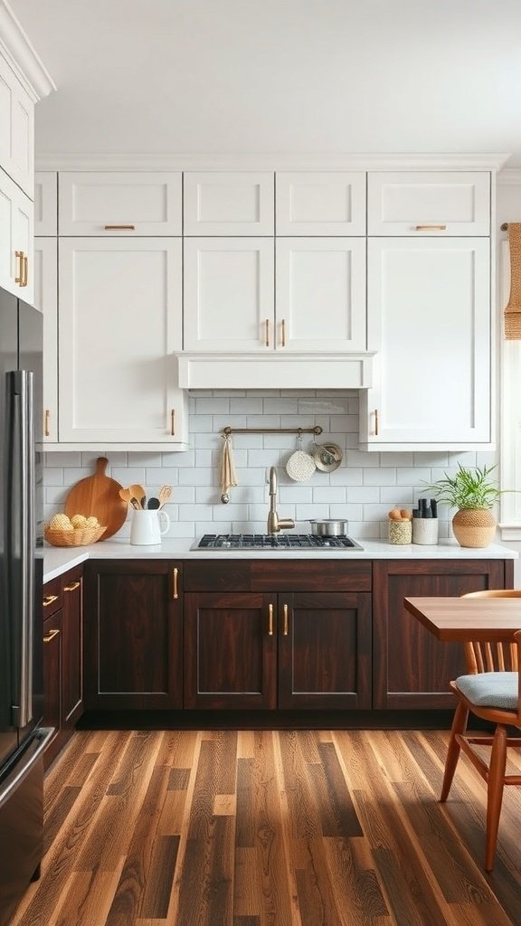 A kitchen featuring classic white upper cabinets and dark wood lower cabinets, with a stylish backsplash and wooden flooring.